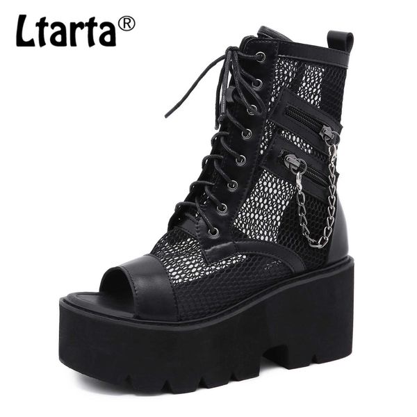 

ltarta women's shoes platform slanted heel thick heel fish mouth mesh breathable boots high ankle sandal boots -79-m1, Black