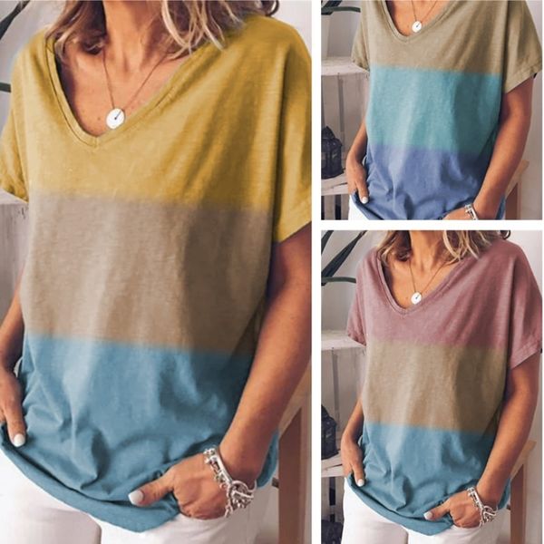 

2019 new summer gradient contrast color printed v-neck short sleeve 2019 new summer women's t-shirt gradient contrast color printed v-n, White