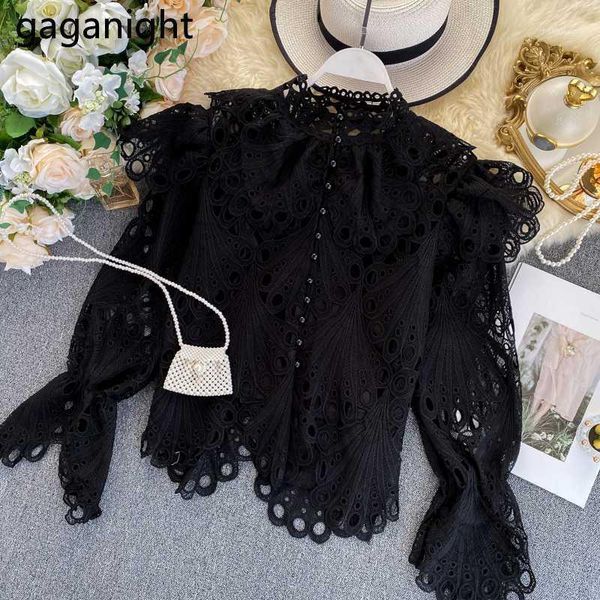 

gaganight elegant women lace blouse long sleeve hollow out sweet lady shirt chic korean fashion blouses summer blusas slim1, White