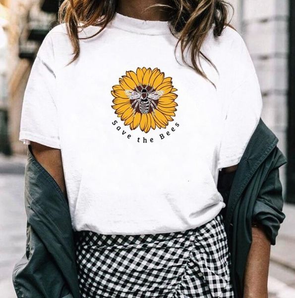 

save the bees letter sunflower print t shirt women short sleeve o neck loose tshirt 2021 summer women tee shirt mujer, White