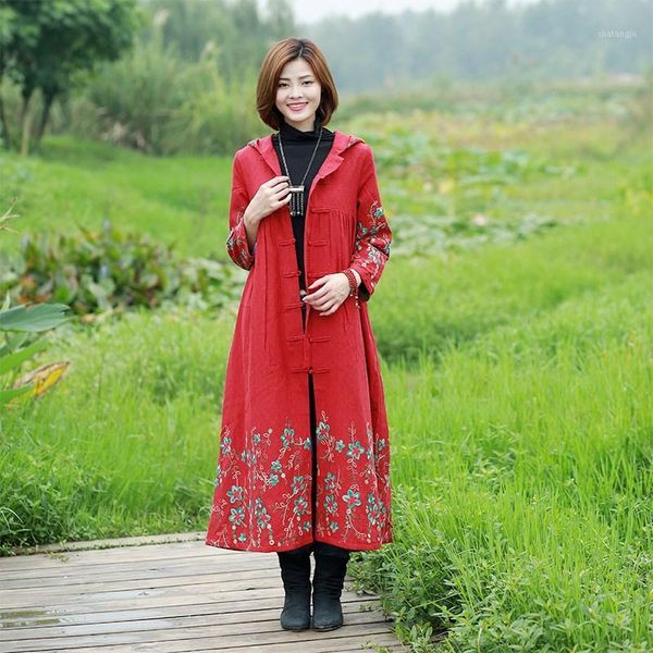 

winter new vintage hooded trench embroidery floral coat chinese style button long sleeve trench coat1, Tan;black