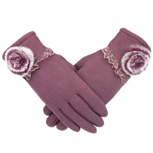 

winter fashion women hairball lace warm touch screen cycling glove female breathable cotton knit plush inside driving mitten i311, Blue;gray