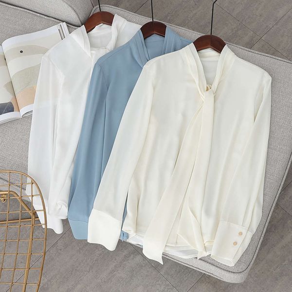 

new style of spring women's clothing, fashionable dign, breathable chiffon long sleeve shirt, bow and ribbon top, White
