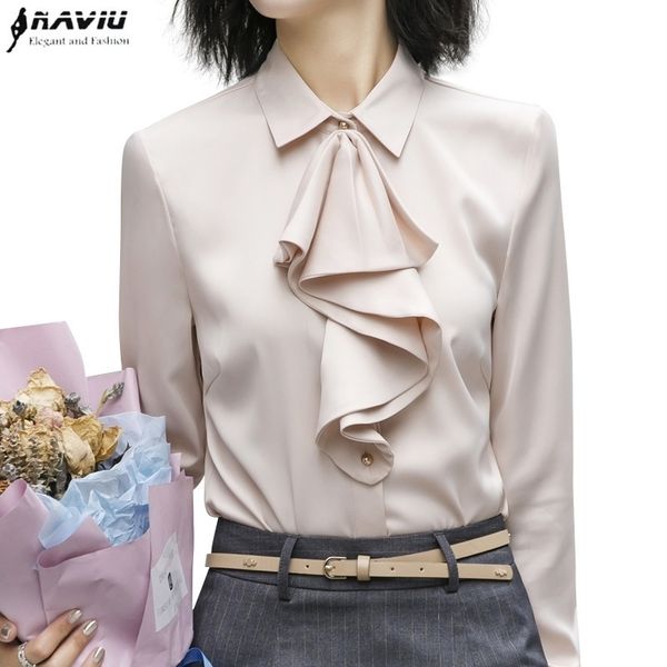 

elegant women ruffle shirt new formal long sleeve slim chiffon blouses office ladies plus size work apricot white y200828