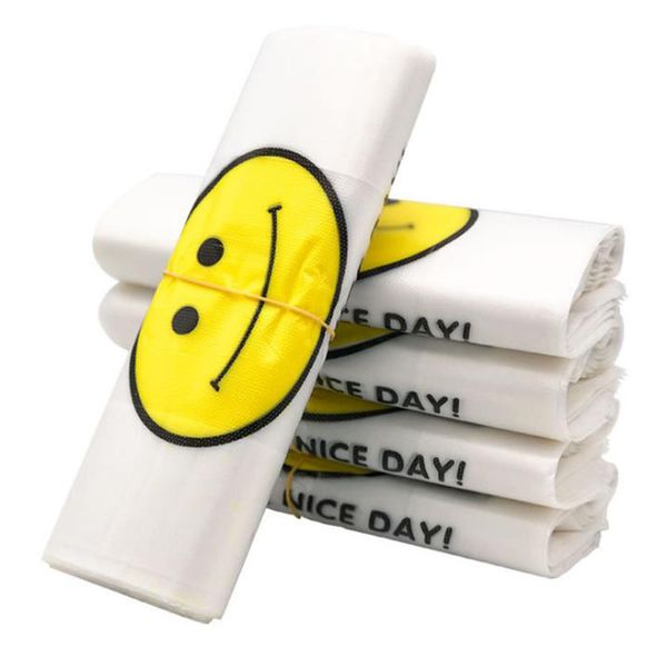 26 * 42 cm Yüksek Kaliteli Çanta HDPE Süpermarket Sarı Güzel Gülümseme Beyaz Yelek Plastik Taşıyıcı Alışveriş El Ambalaj Torbaları