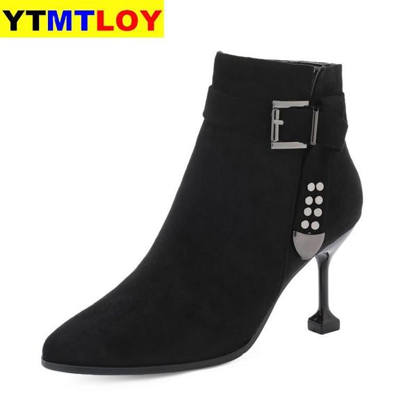 

boots women ankle zipper booties high heels autumn and winter pointed toe plus velvet suede tassel black