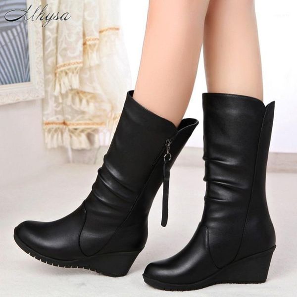 

fall/winter 2020 new women's inner heighten boots wedge heel round head medium boots fashion oversized women's m7391, Black