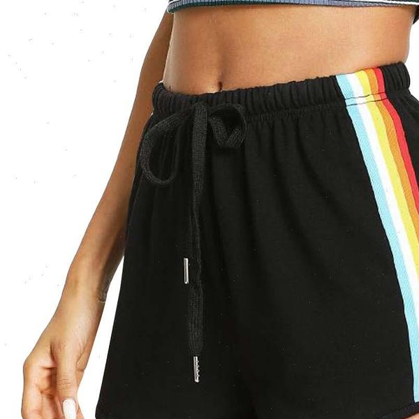 

new women rainbow slim shorts ladies black mid waist summer shorts workout striped casual elastic loose shorts femme p, White;black