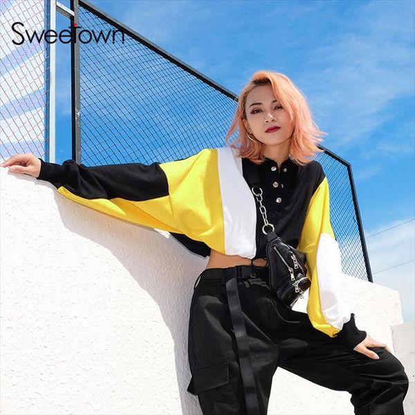 

long sleeve oversized crop korean hoodies sweatshirts women autumn winter 2021 turtleneck harajuku cute kpop sweatshirt, Black