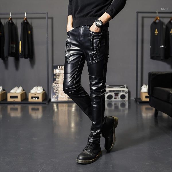 

2021 men's autumn season thick casual pu leather trousers, teenagers stitching rivet slim feet leather pants1, Blue