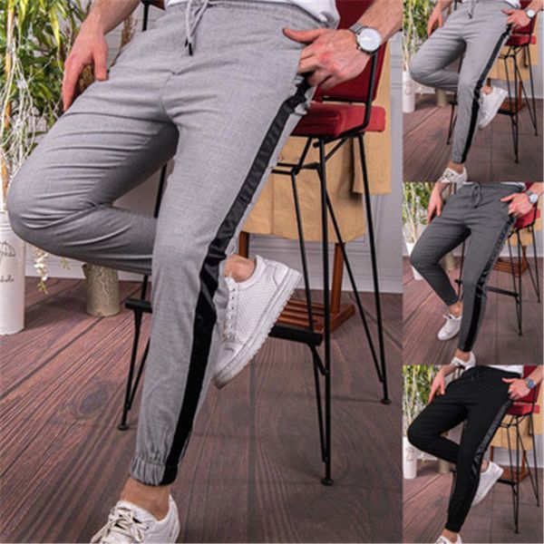 

mens side stripes skinny pants fashion trend elasticity hip hop drawstring pants spring male solid color skateboard casual slim trousers, Black