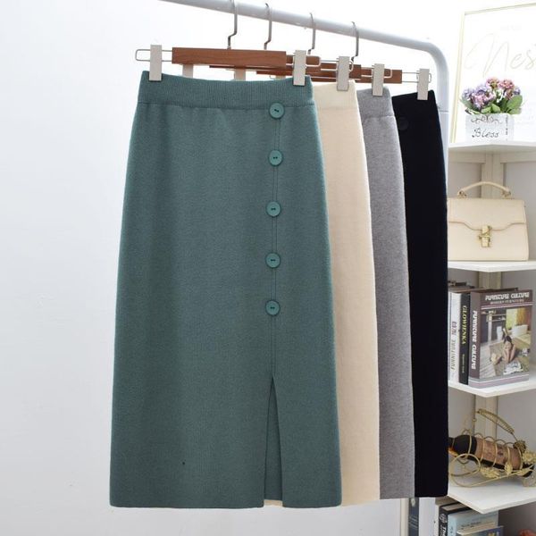 

women knitted skirt 2020 spring autumn button slim bodycon skirts elastic high waist pencil skirt ribbed long midi skirtq571, Black