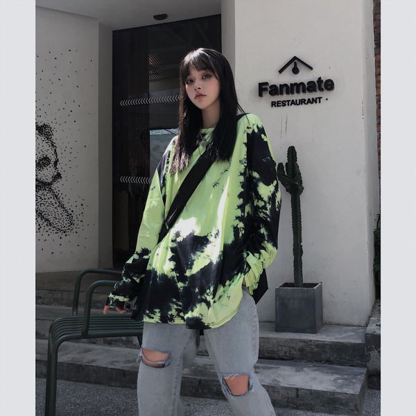 

spring clothing korean version ins original night style street department tie dye gradual change long sleeve t shirt student loo, White