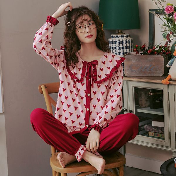 2019 Sonbahar Kış kadın Pijama Setleri Çiçek Baskı Lüks Kadın İki Adet Gömlek + Pantolon Nighties Yumuşak Sevimli Pembe Pijama Y200708