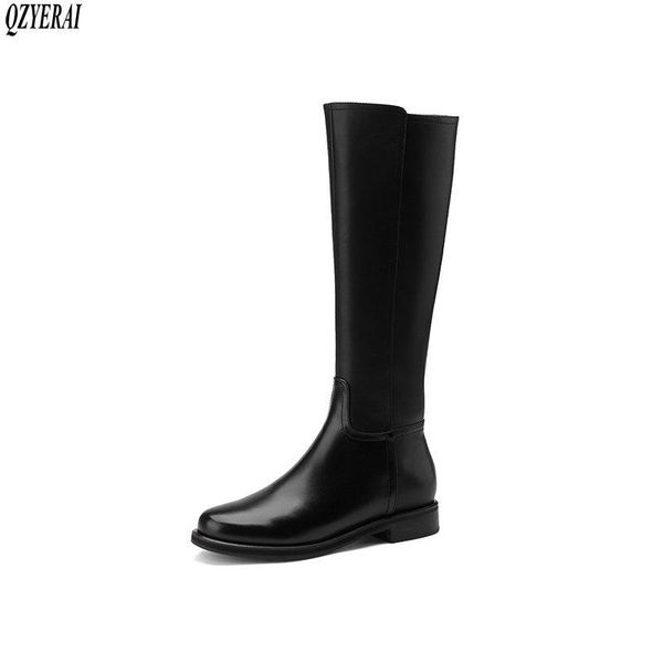 

boots 2021 women knee genuine leather motorcycle black side zipper autumn winter cowhide shoes