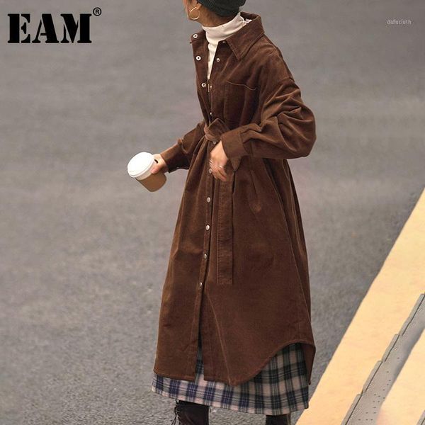 

eam] women big size corduroy long trench new lapel long sleeve loose fit windbreaker fashion tide spring autumn 2021 1dd15341, Tan;black