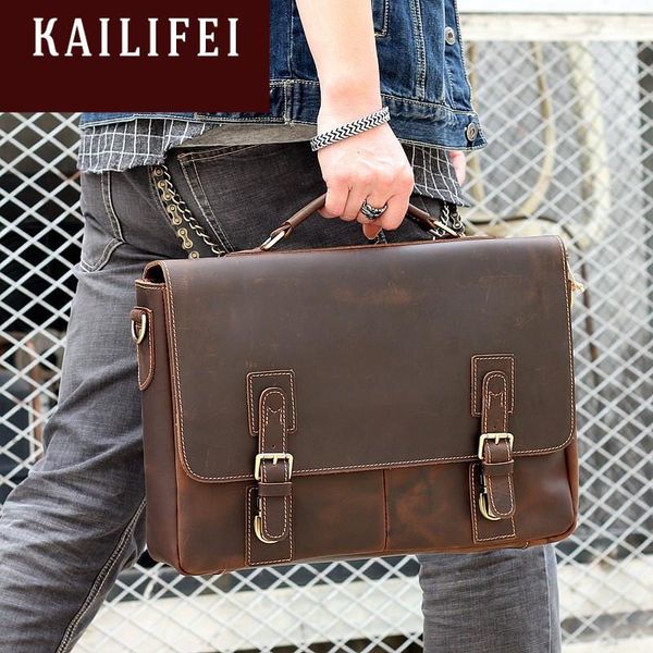 

briefcases luxury vintage handmade crazy horse leather men business briefcase genuine 15.6" laphandbag