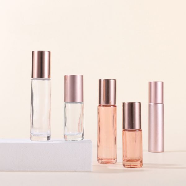 

empty 5ml 10ml pink glass roll on perfume bottle thick essential oil roller bottles with metal roller ball