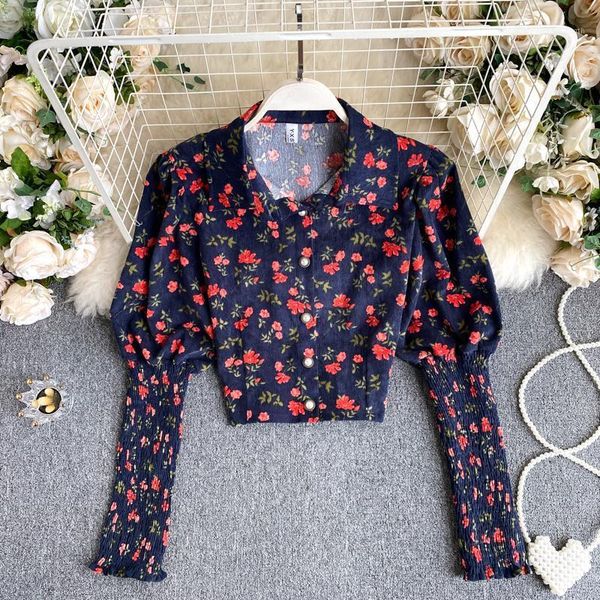 

korean retro new floral print shirts women's lapel bubble elastic sleeves short lady fashion elegant blouse clothing p7391, White