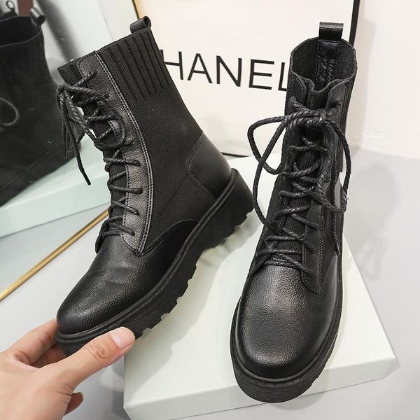 

мода черный шнуровка ботильоны женская обувь мотоцикла сапоги большого размера, Black