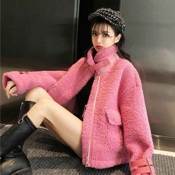 

women's jackets rosered lambswool jacket ladies autumn winter short faux fur motorcycle bomber cashmere zipper cardigan crop 2021, Black;brown