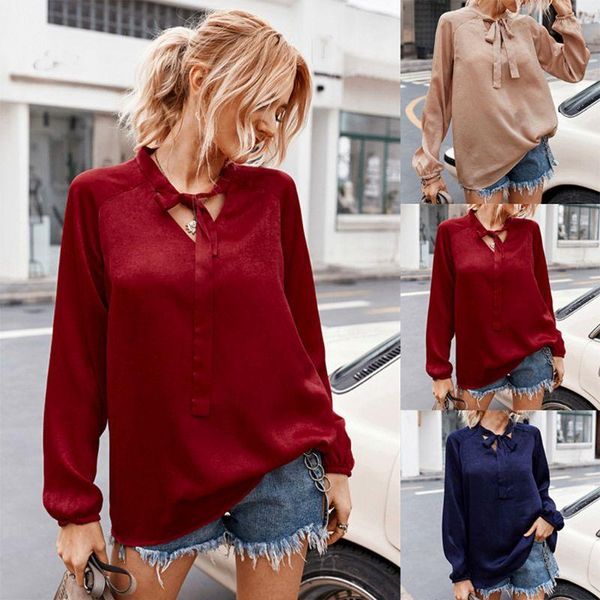 

women autumn long sleeves blouse v-neck loose neck tie solid color casual shirt, White