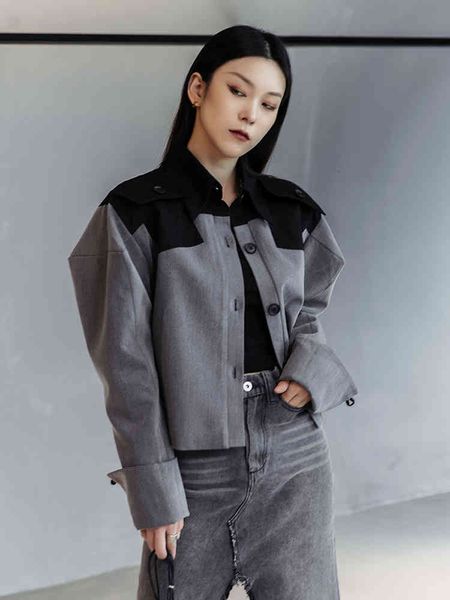 

women's jackets [eam] loose fit gray color-block short big size jacket lapel long sleeve women coat fashion spring autumn 2022 1de3076, Black;brown