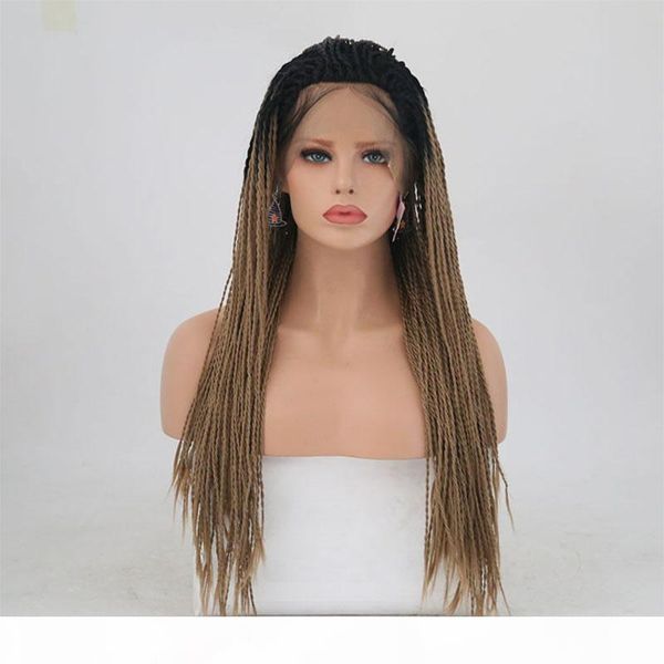 

brown braided wigs ombre color synthetic heat resistant fiber glueless twist brown braids synthetic lace front wig for african american, Black;brown