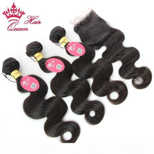

queen hair 100% peruvian virgin human hair 10"-28" 4pcs lot body wave natural colour 1 pc lace closure and 3pcs hair, Black