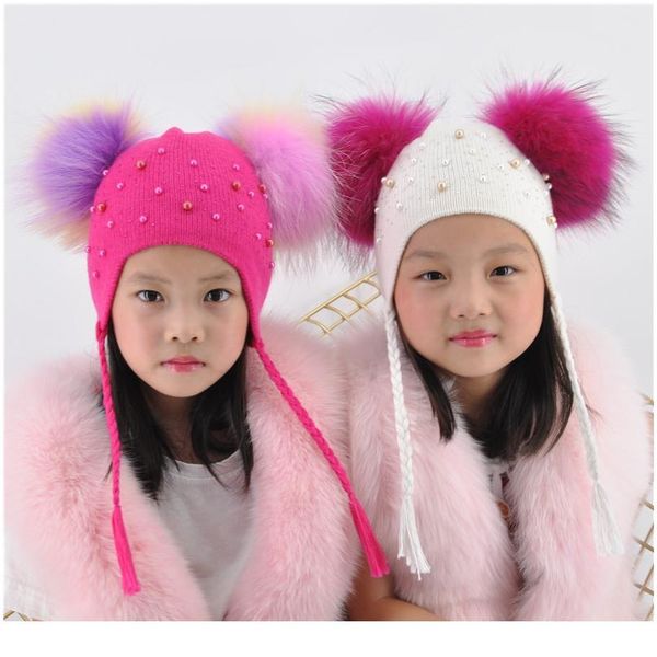 

kids warm winter caps double fur pom pom beanie wool knitted hat for baby boys girls real raccoon fur balls be qylmps, White