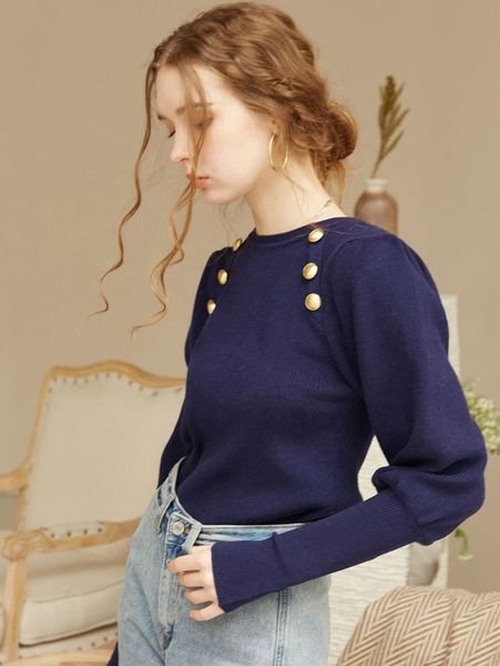 

knit mix button front gigot sleeve sweater t1c4#, White