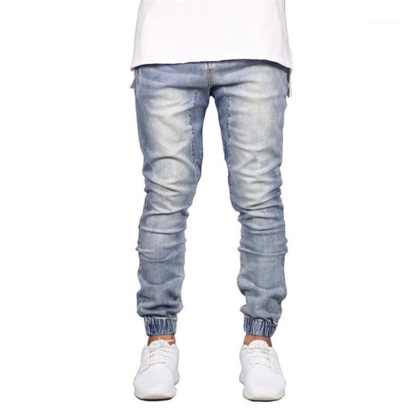 

moruancle men fashion hip hop jean joggers streetwear harem denim pants for male scratched trousers elastic cuff size 29-381, Blue