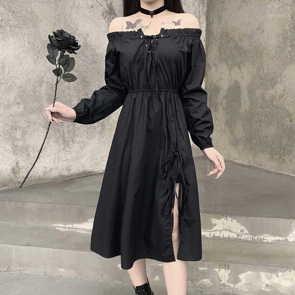 

casual dresses gothic off shoulder dress black vintage harajuku high waist summer a-line solid party1, Black;gray