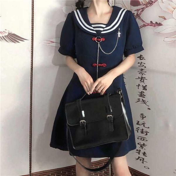 

casual dresses sweet preppy kawaii women 2021 summer soft girly cute sailor collar lace up bow chinese tie cos party dress vestidos1, Black;gray