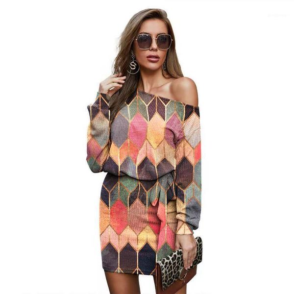 

spring off shoulder rib lacing up geometric print women dress autumn long sleeve solid color casual a-line mini dress1, Black;gray