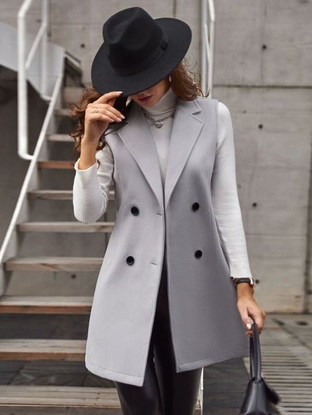 

double-breasted lapel neck sleeveless coat j4bq#, Black