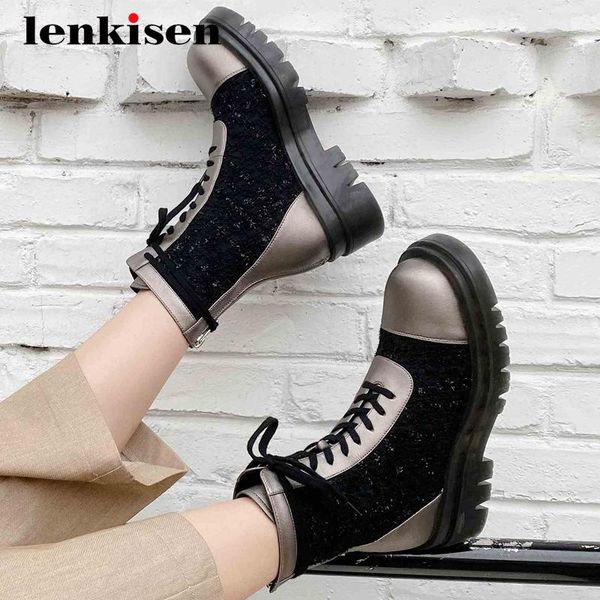 

lenkisen sport boots cow leather mixed cloth thick bottom platform round toe high heel zipper energy lady dress ankle boots l77, Black