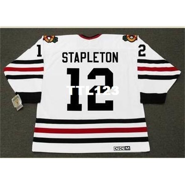 

740s #12 pat stapleton chicago blackhawks 1967 ccm vintage retro away hockey jersey or custom any name or number retro jersey, Black