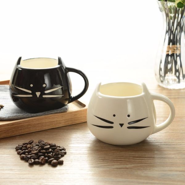 Tazza da 420 ml per amanti della tazza in ceramica leggera per caffè con gatto bianco / nero adorabile LJ200821