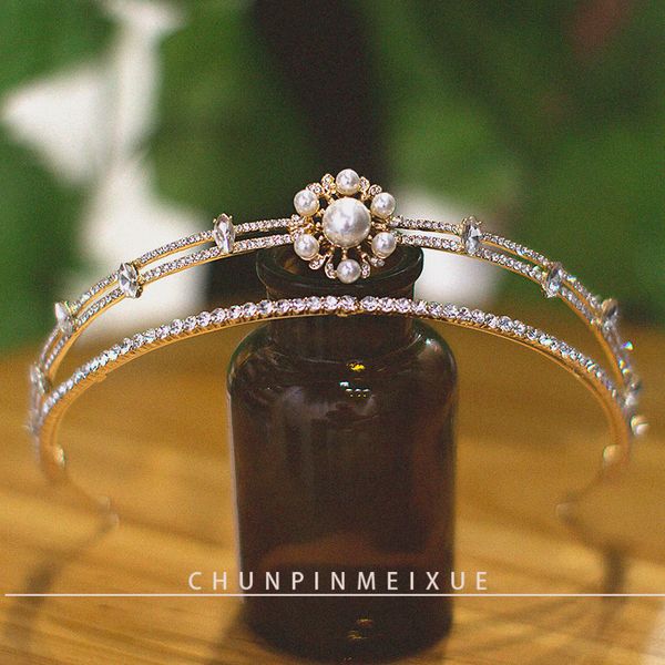 

bride's simple crown hair ornament pearl diamond super flash main headdress wedding dress accessories, Silver
