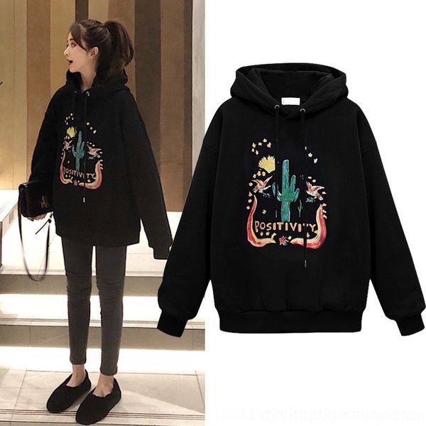 

zlcxi korean loose lazy style black winter mid-length long autumn and women's coat sweatersweater sweater thickened trendy hooded ins s