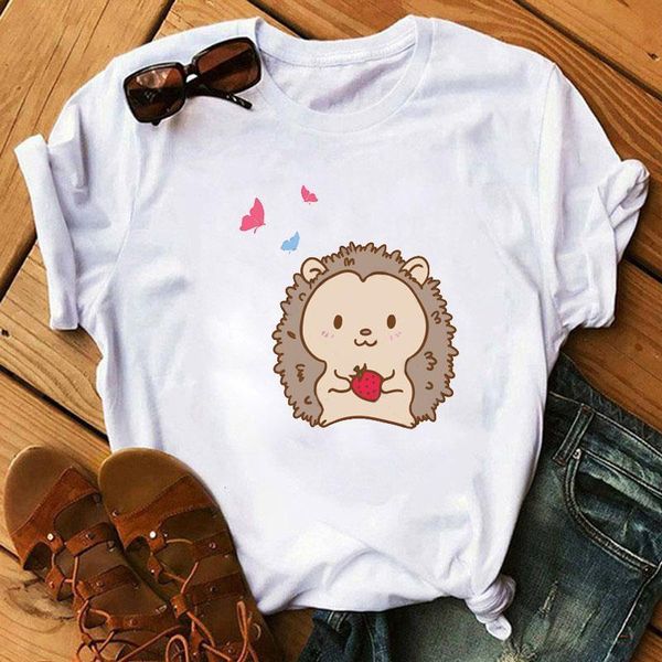 

summer fashion women tshirt cartoon hedgehog print tee shirts harajuku ullzang tee female cute tee shirt short sleeve tshir, White
