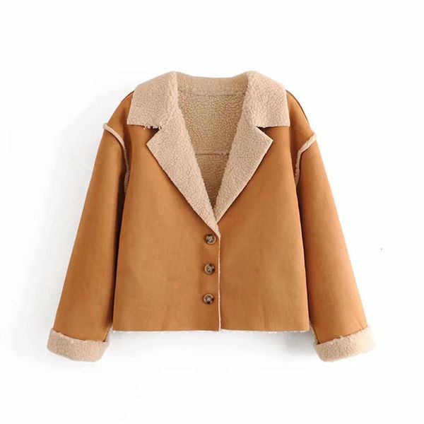 

2021 women new fashion keep warm artificial leather and plush jacket female patchwork lapel long sleeves coat chic, Black