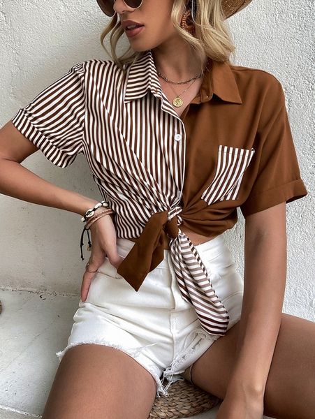 

striped print patch pocket blouse g4qx#, White