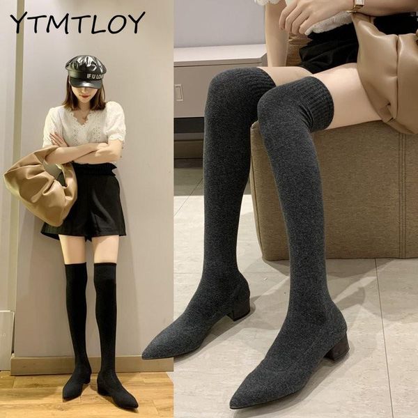 

2020 winter fall women block high heels over the knee boots stretch fabric knitting boots female low heels long sock shoes, Black