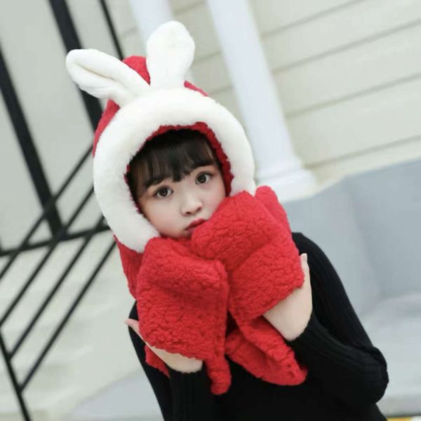 

autumn and winter plush children's scarf glove three piece set cute ear thickening cap korean rabbit hat, Red;brown
