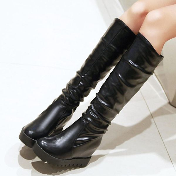 

boots big size 43 female boot leisure height increasing platform heels slip on winter knee high women shoes, Black