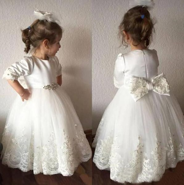 

cute lace princess ball gown flower girl dresses jewel 3/4 long sleeve with bow tulle tired skirts communion dresses p86, White;blue