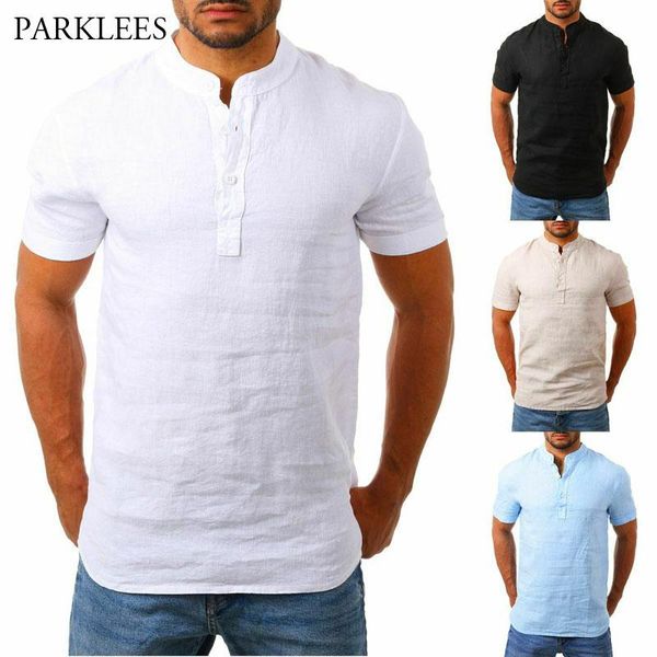 

loose linen shirts men 2020 summer mens breathable short sleeve henley shirt chemise homme casual blouse linen shirt thin, White;black