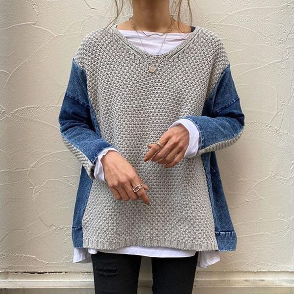 

women's sweaters casual women patchwork sweater 2021 fashion japan korean style straight knitted denim jumper loose pullovers, White;black